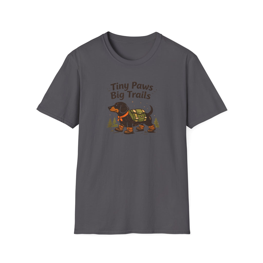 Dachshund Hiking T-Shirt — "Tiny Paws Big Trails" Cute Outdoors Dog Tee