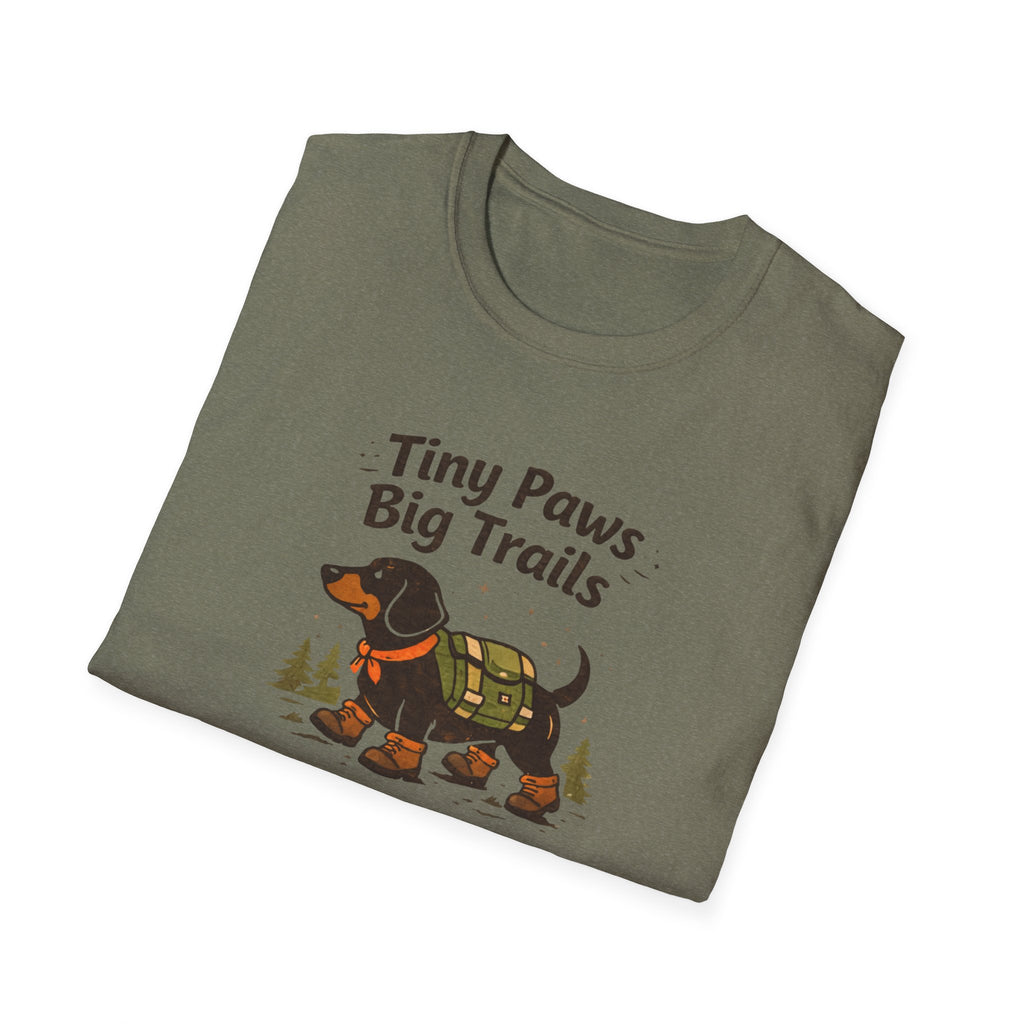 Dachshund Hiking T-Shirt — "Tiny Paws Big Trails" Cute Outdoors Dog Tee