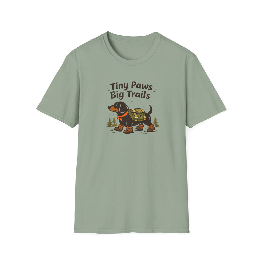 Dachshund Hiking T-Shirt — "Tiny Paws Big Trails" Cute Outdoors Dog Tee