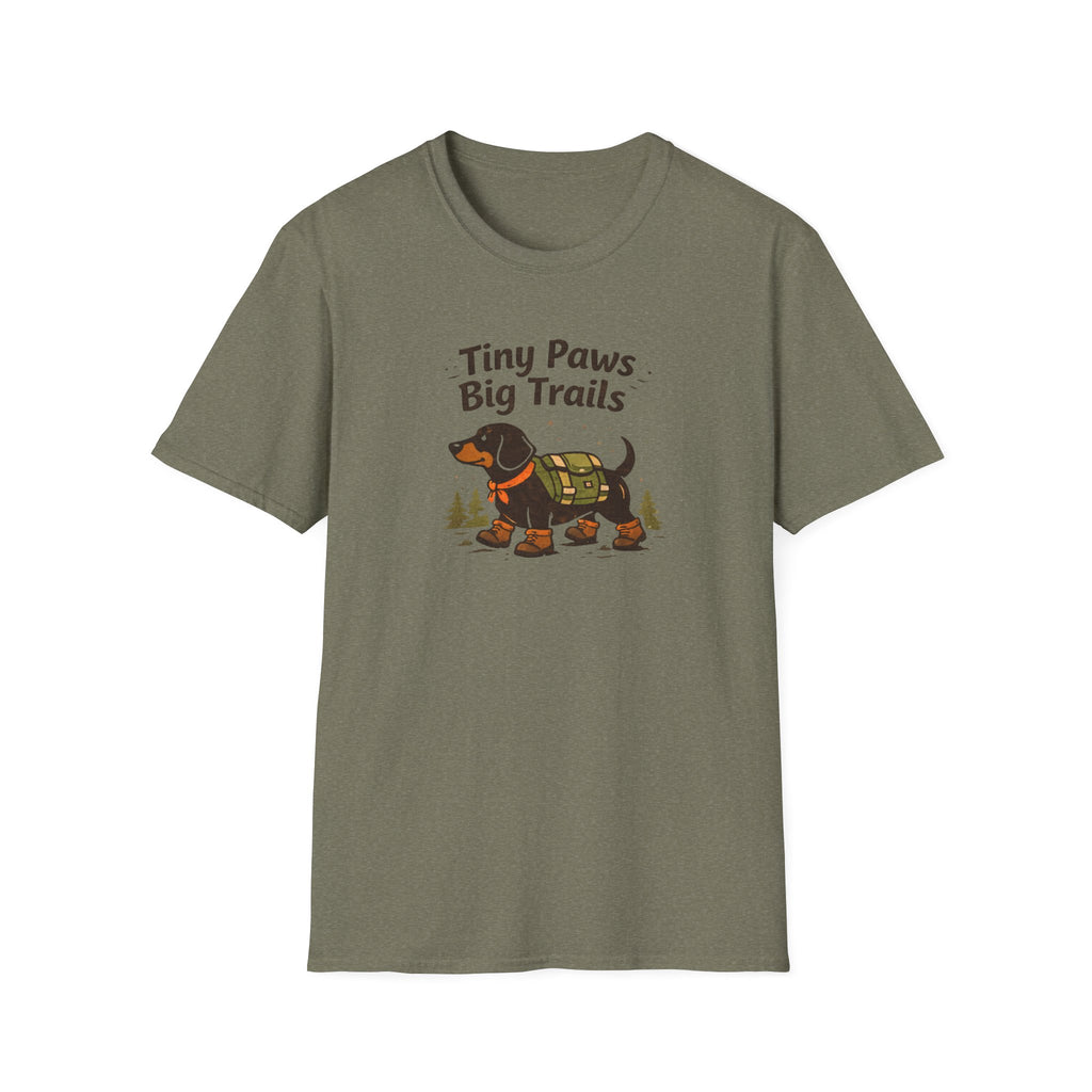 Dachshund Hiking T-Shirt — "Tiny Paws Big Trails" Cute Outdoors Dog Tee
