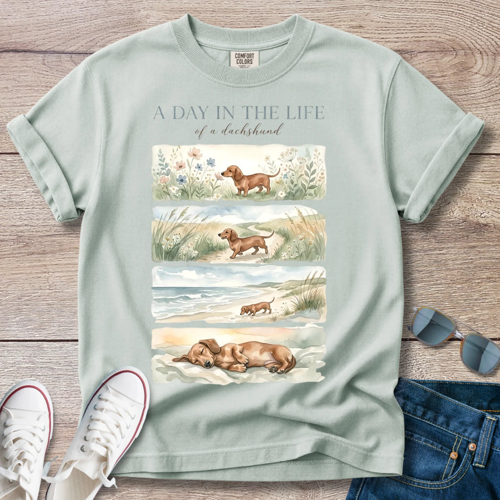 Dachshund Beach Tee — "A Day in the Life" T-Shirt