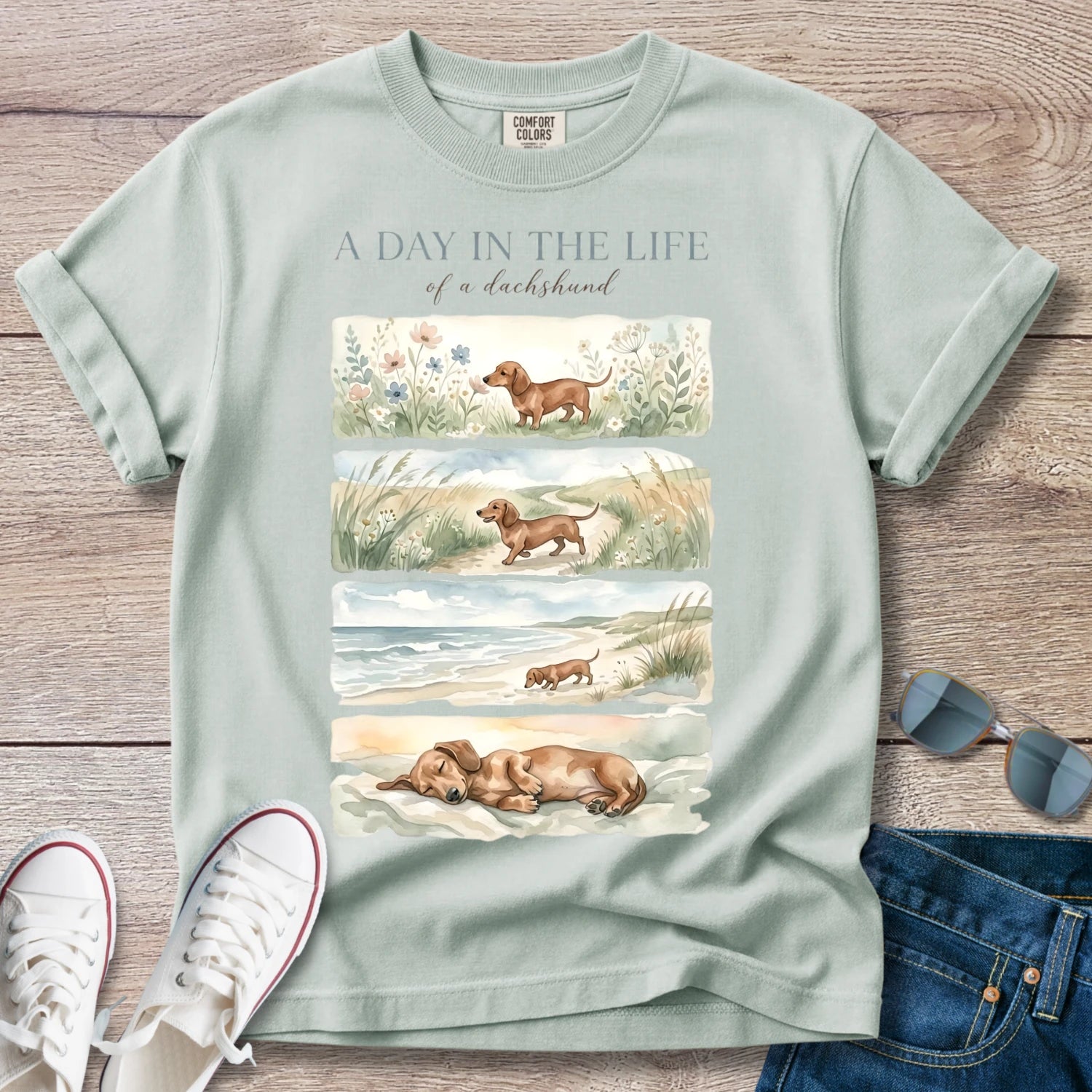 Dachshund Beach Tee — "A Day in the Life" T-Shirt