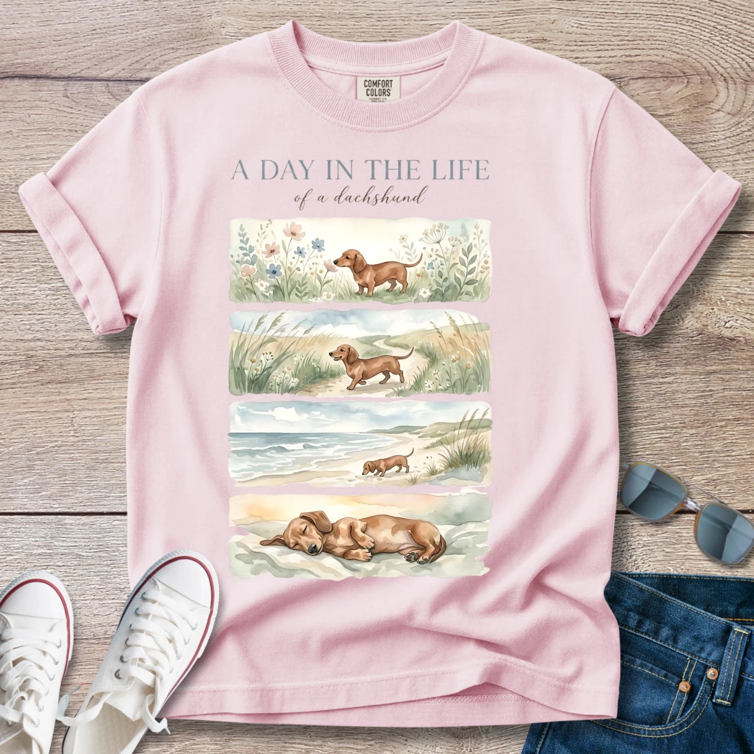 Dachshund Beach Tee — "A Day in the Life" T-Shirt
