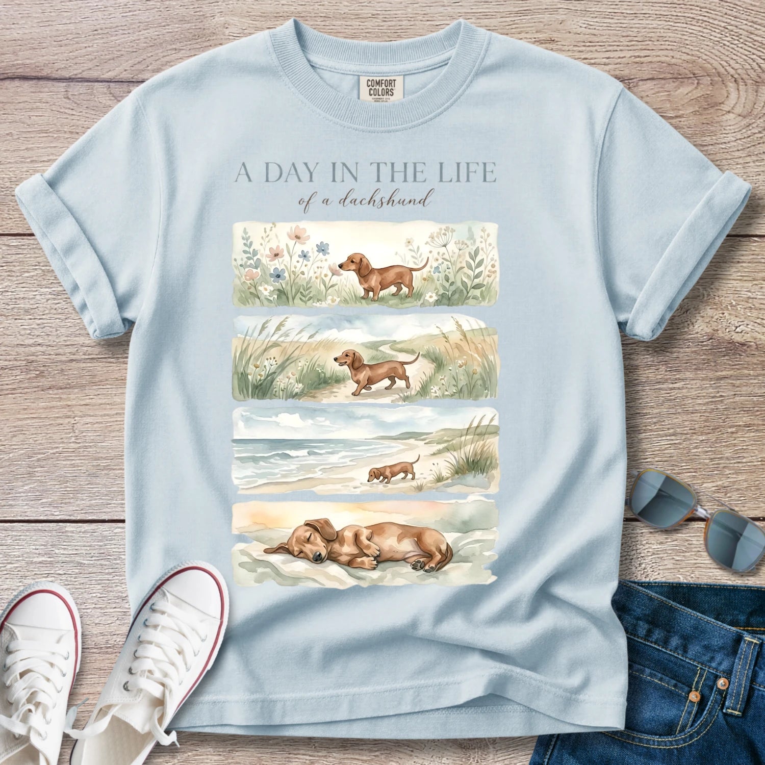 Dachshund Beach Tee — "A Day in the Life" T-Shirt