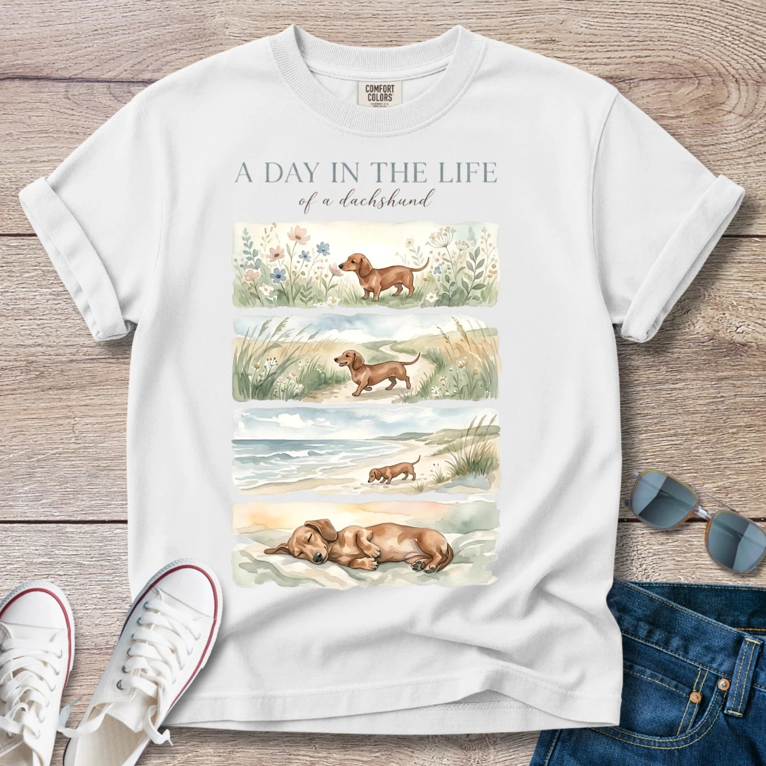 Dachshund Beach Tee — "A Day in the Life" T-Shirt