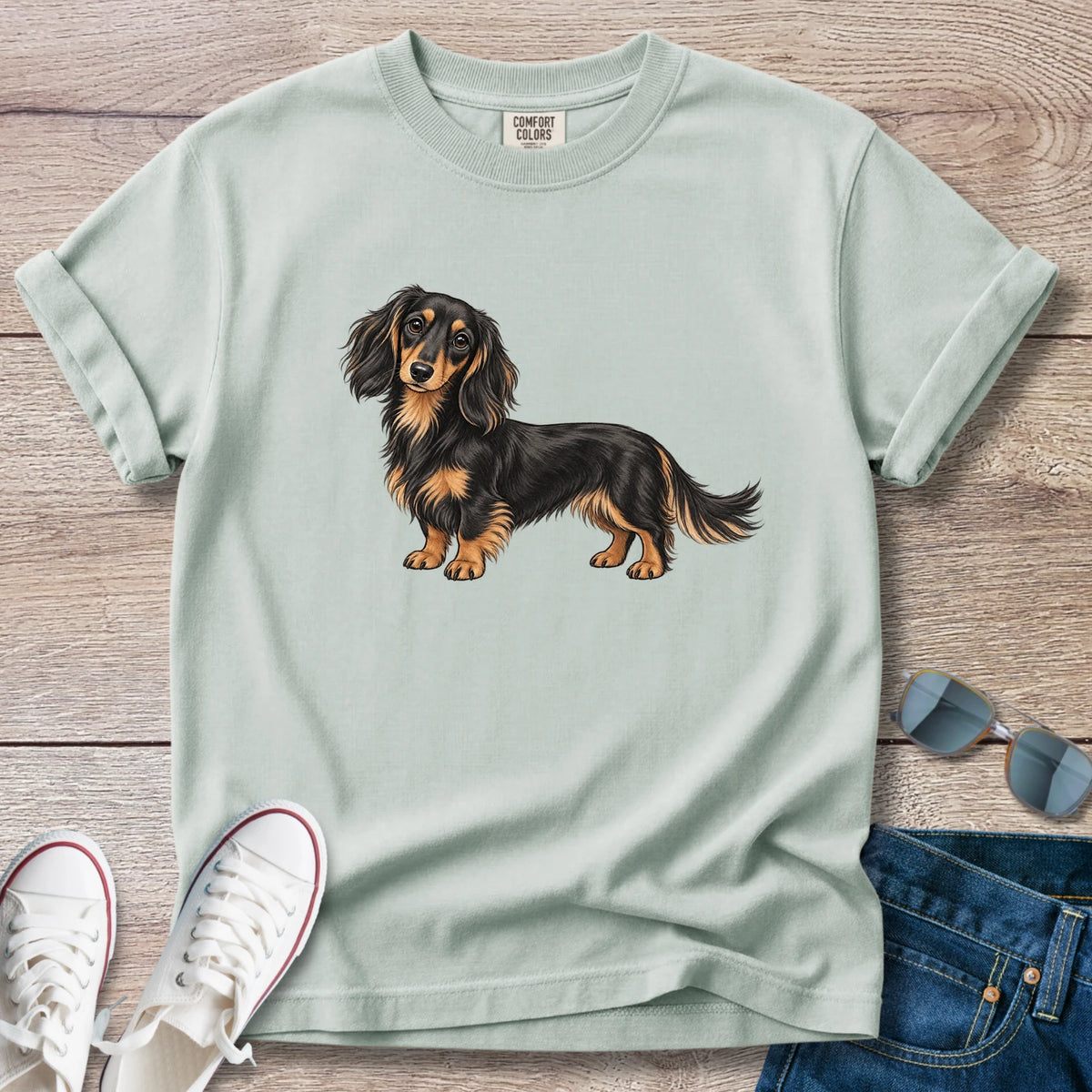 Black & Tan Longhaired Dachshund – Doxie Portrait T-Shirt