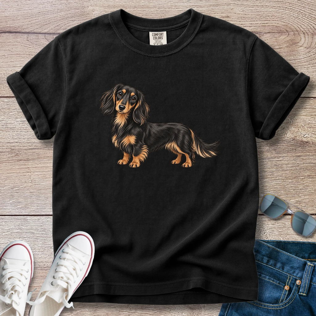 Black & Tan Longhaired Dachshund – Doxie Portrait T-Shirt