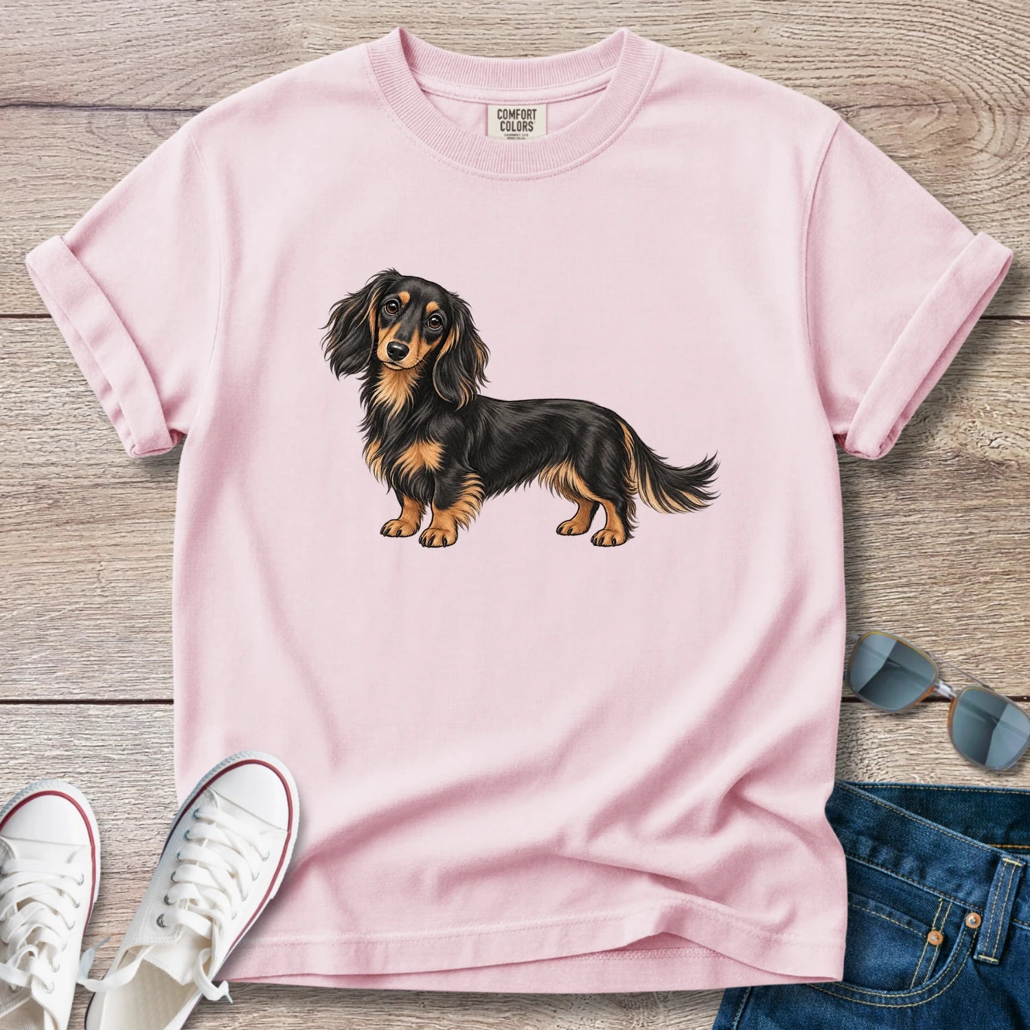 Black & Tan Longhaired Dachshund – Doxie Portrait T-Shirt
