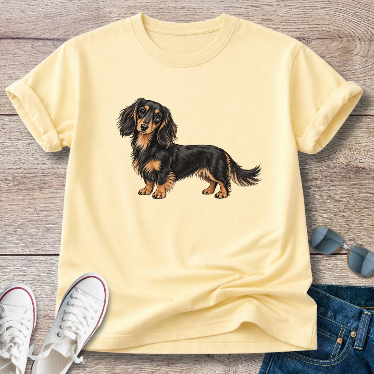 Black & Tan Longhaired Dachshund – Doxie Portrait T-Shirt