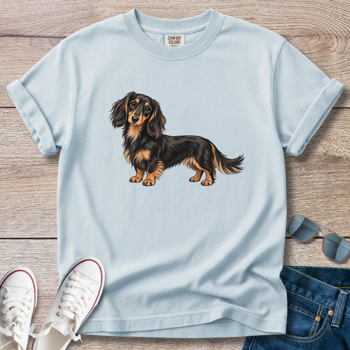 Black & Tan Longhaired Dachshund – Doxie Portrait T-Shirt