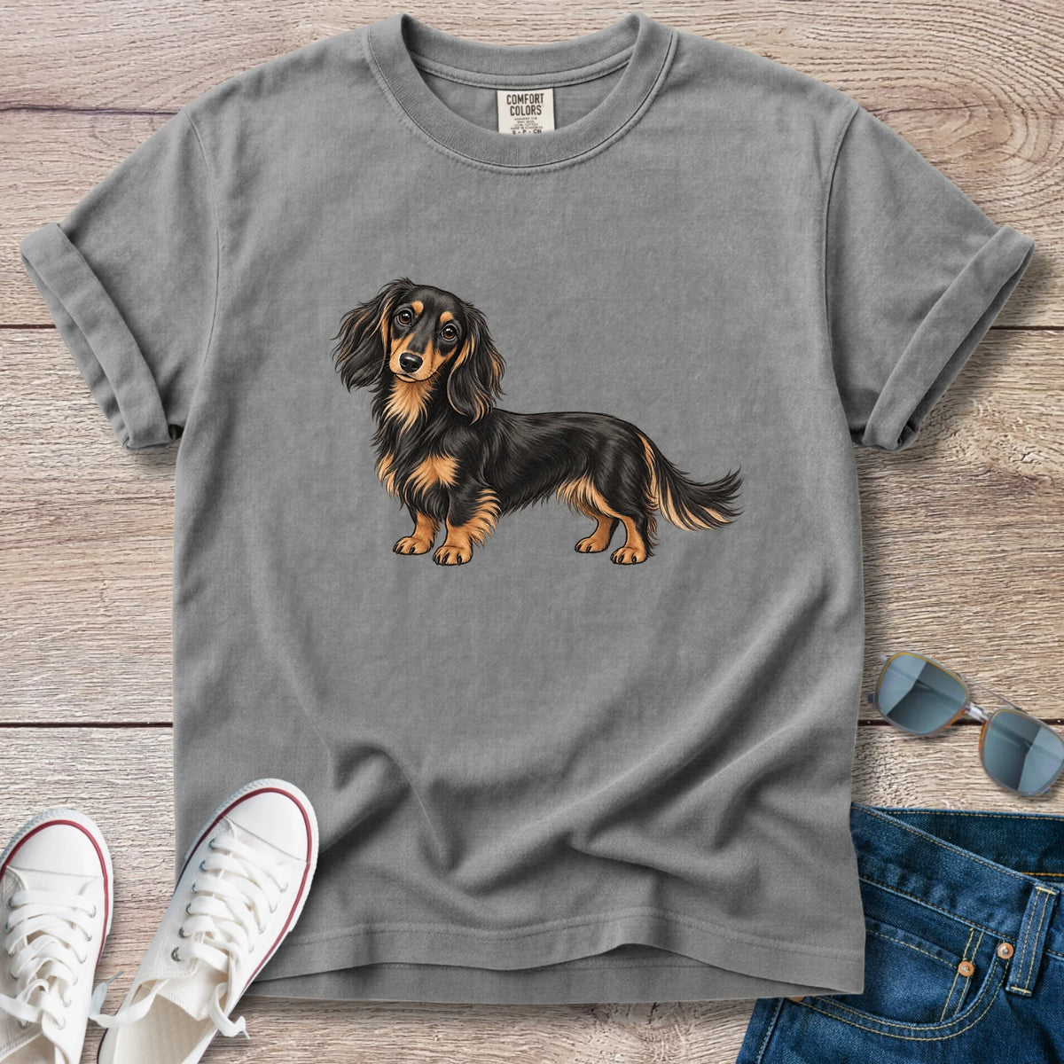 Black & Tan Longhaired Dachshund – Doxie Portrait T-Shirt