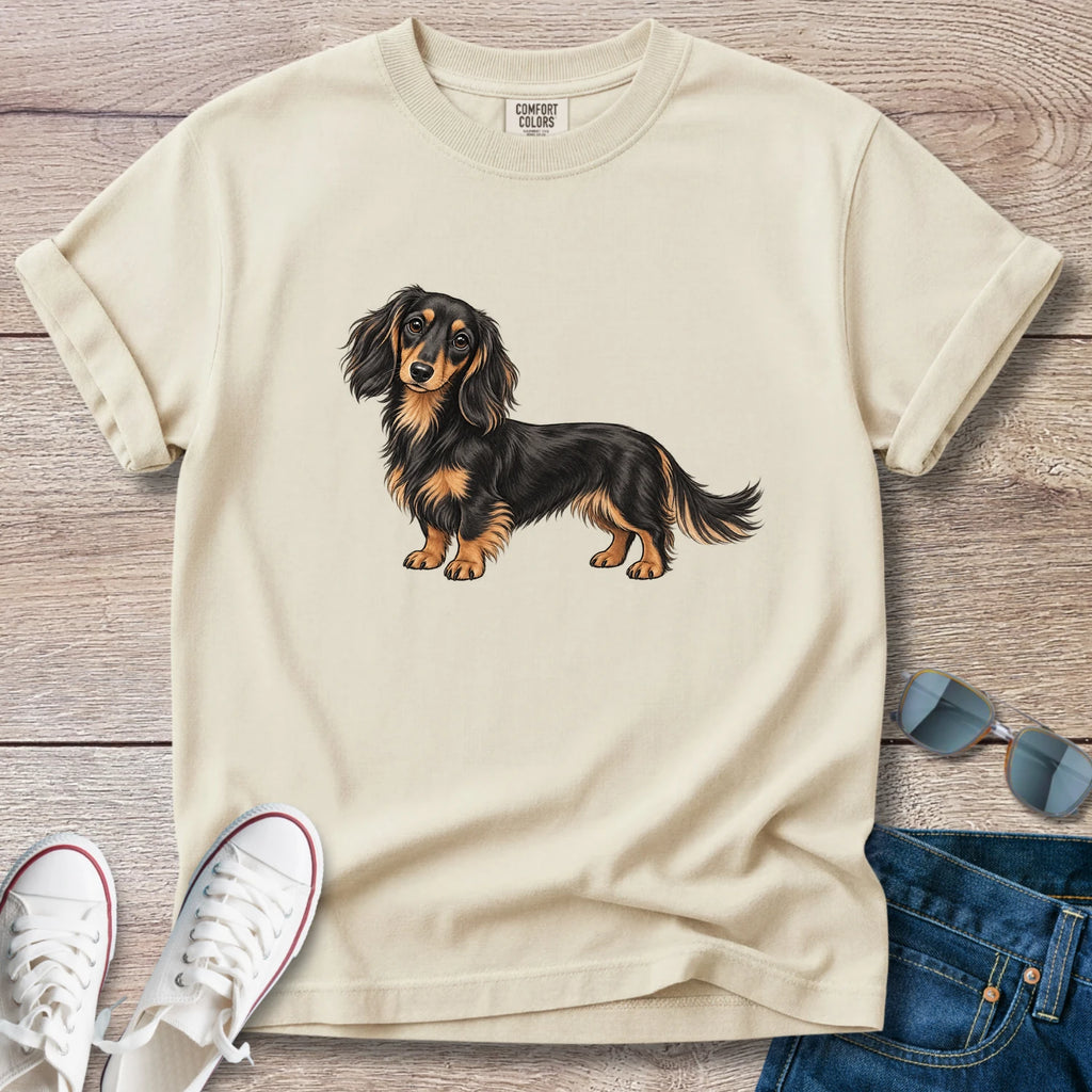Black & Tan Longhaired Dachshund – Doxie Portrait T-Shirt