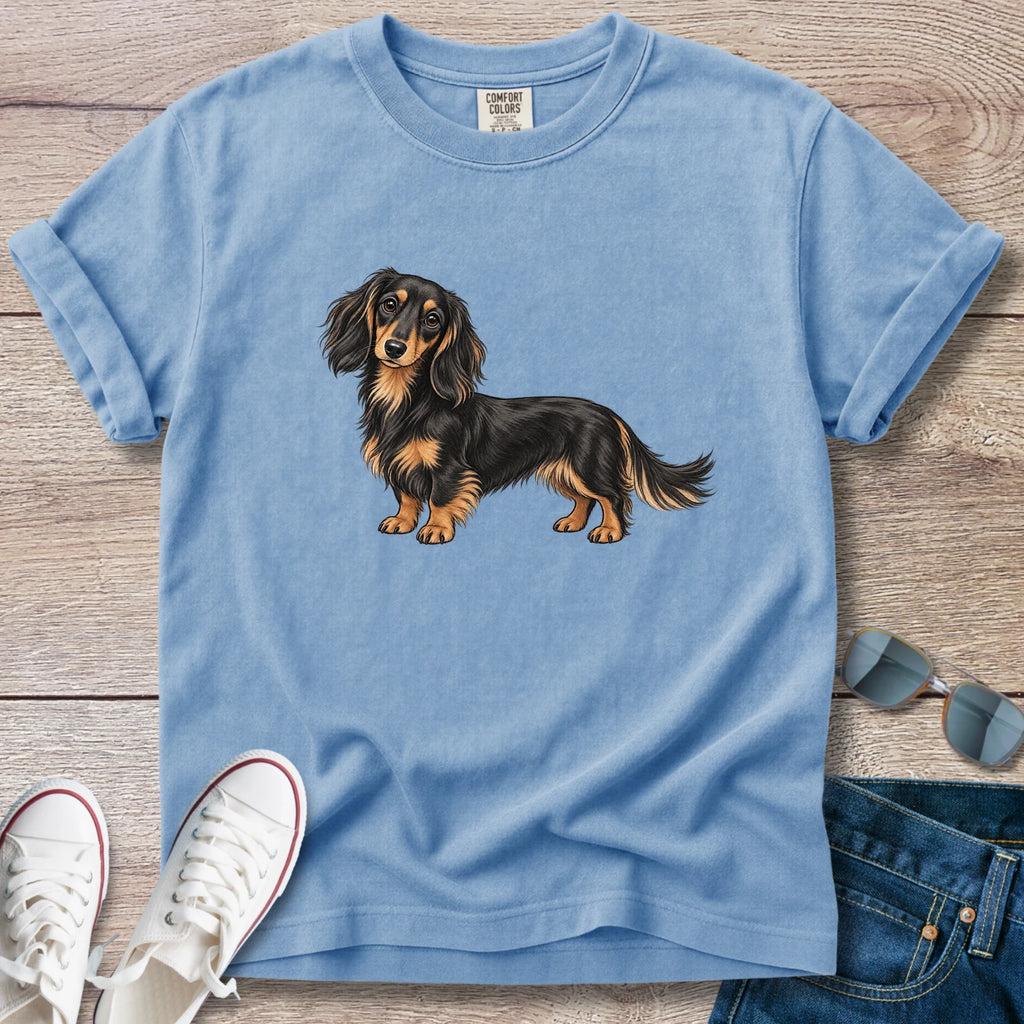 Black & Tan Longhaired Dachshund – Doxie Portrait T-Shirt