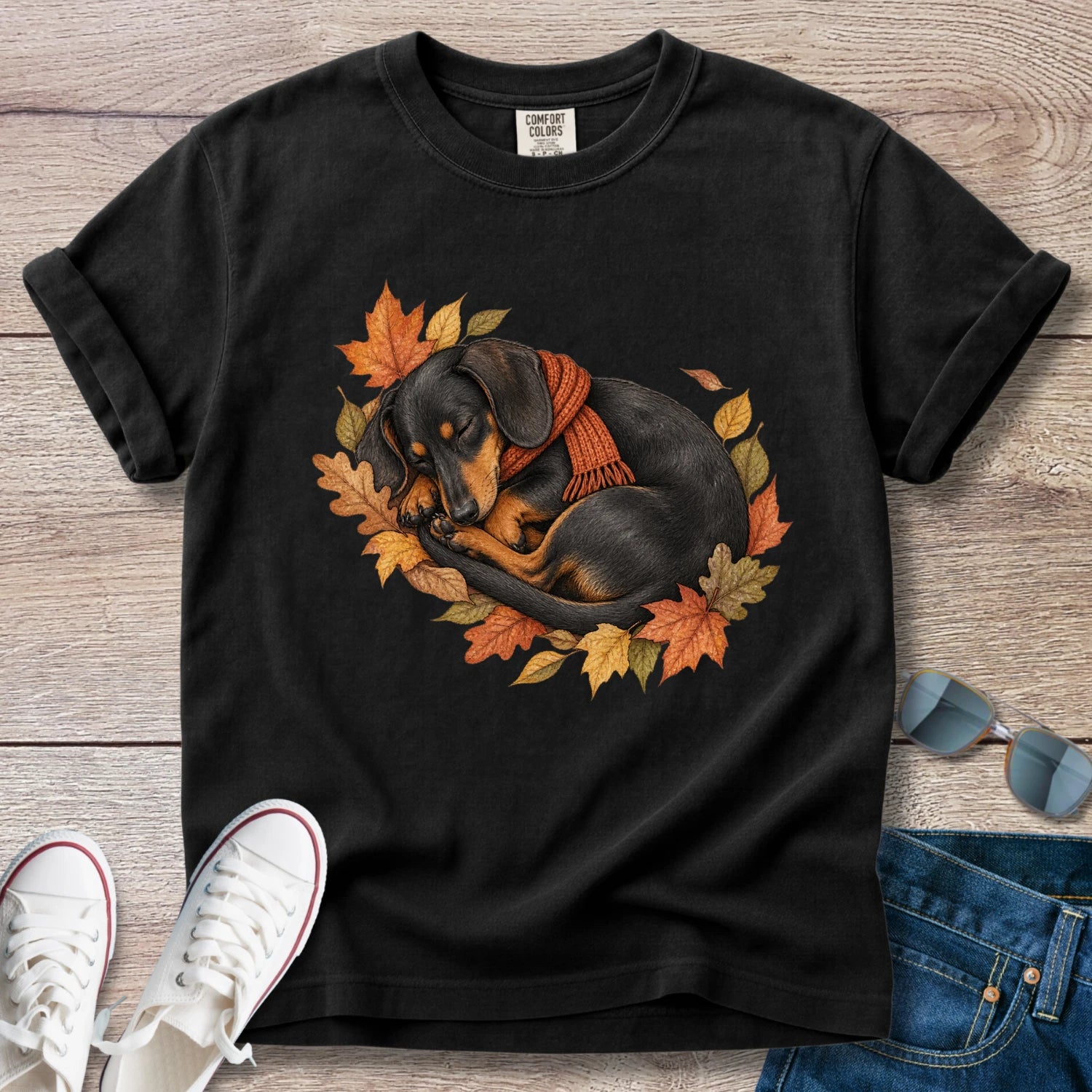 Black and Tan Dachshund Autumn Nap T-Shirt