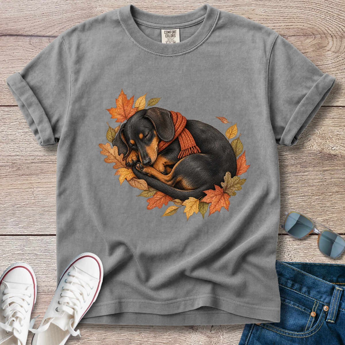 Black and Tan Dachshund Autumn Nap T-Shirt