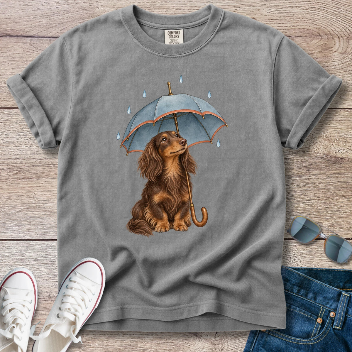 Chocolate Longhaired Dachshund Rainy Day T-shirt