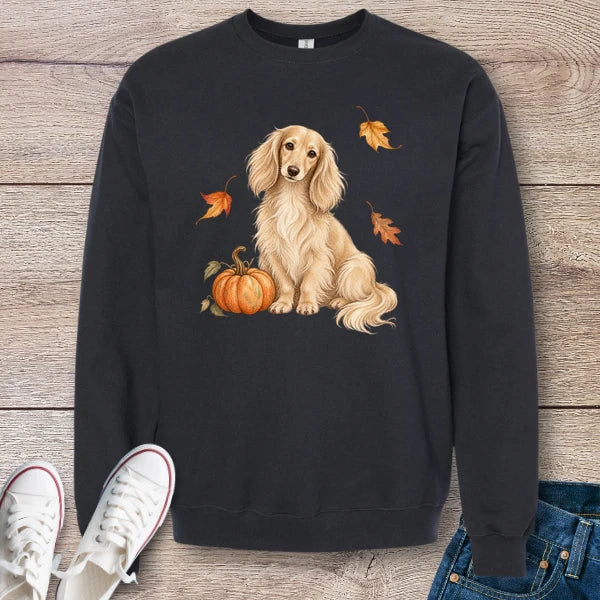 Cream Longhaired Dachshund Pumpkin Fall Crewneck Sweatshirt