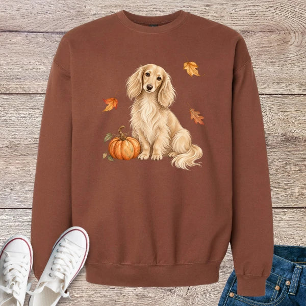 Cream Longhaired Dachshund Pumpkin Fall Crewneck Sweatshirt