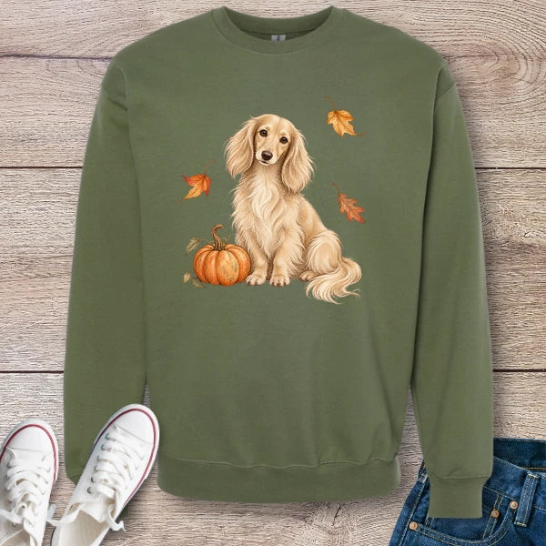 Cream Longhaired Dachshund Pumpkin Fall Crewneck Sweatshirt