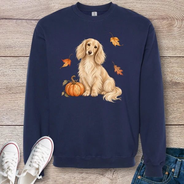 Cream Longhaired Dachshund Pumpkin Fall Crewneck Sweatshirt