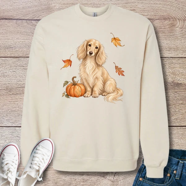 Cream Longhaired Dachshund Pumpkin Fall Crewneck Sweatshirt