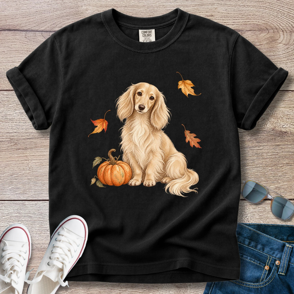 Cream Longhaired Dachshund Pumpkin Fall T-Shirt