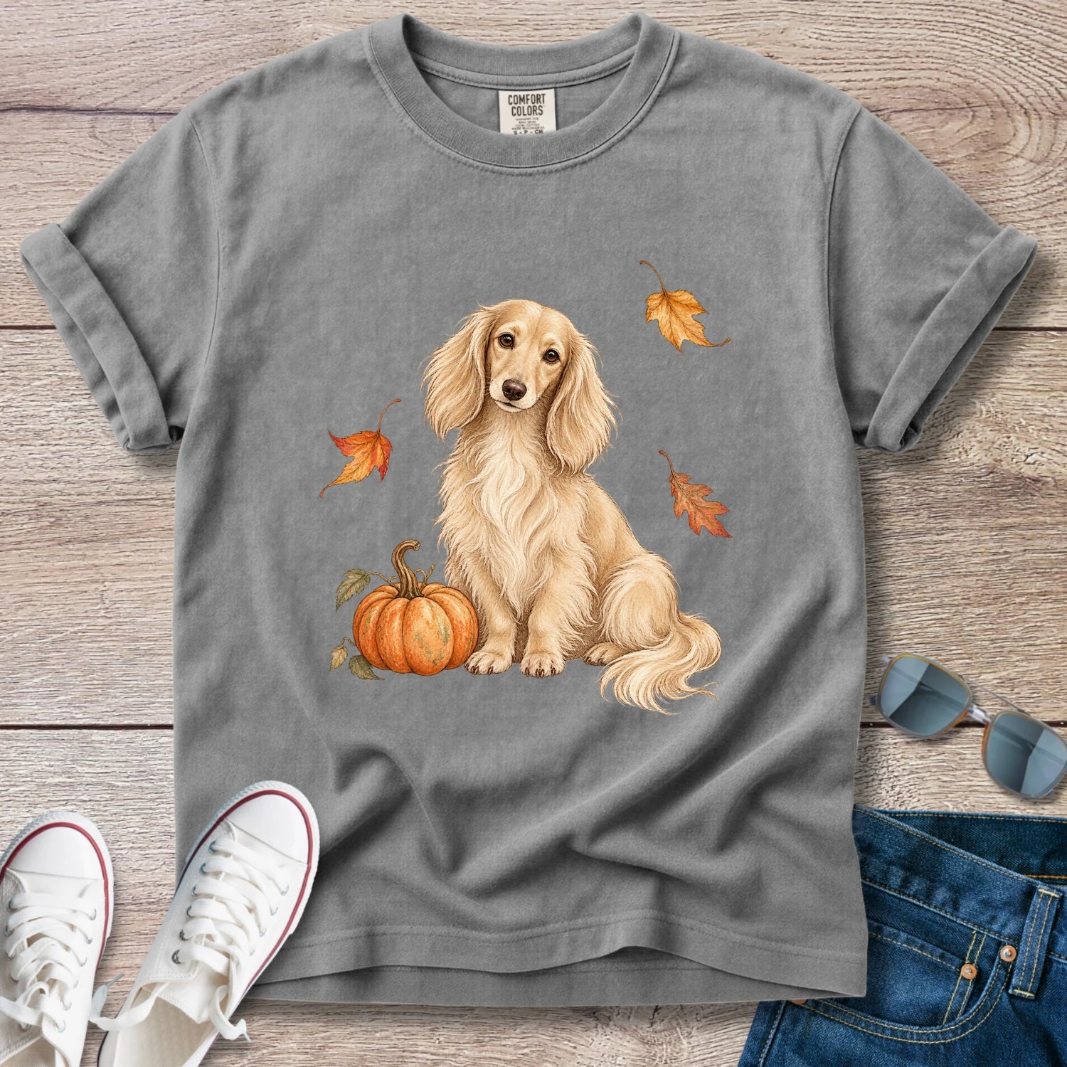 Cream Longhaired Dachshund Pumpkin Fall T-Shirt