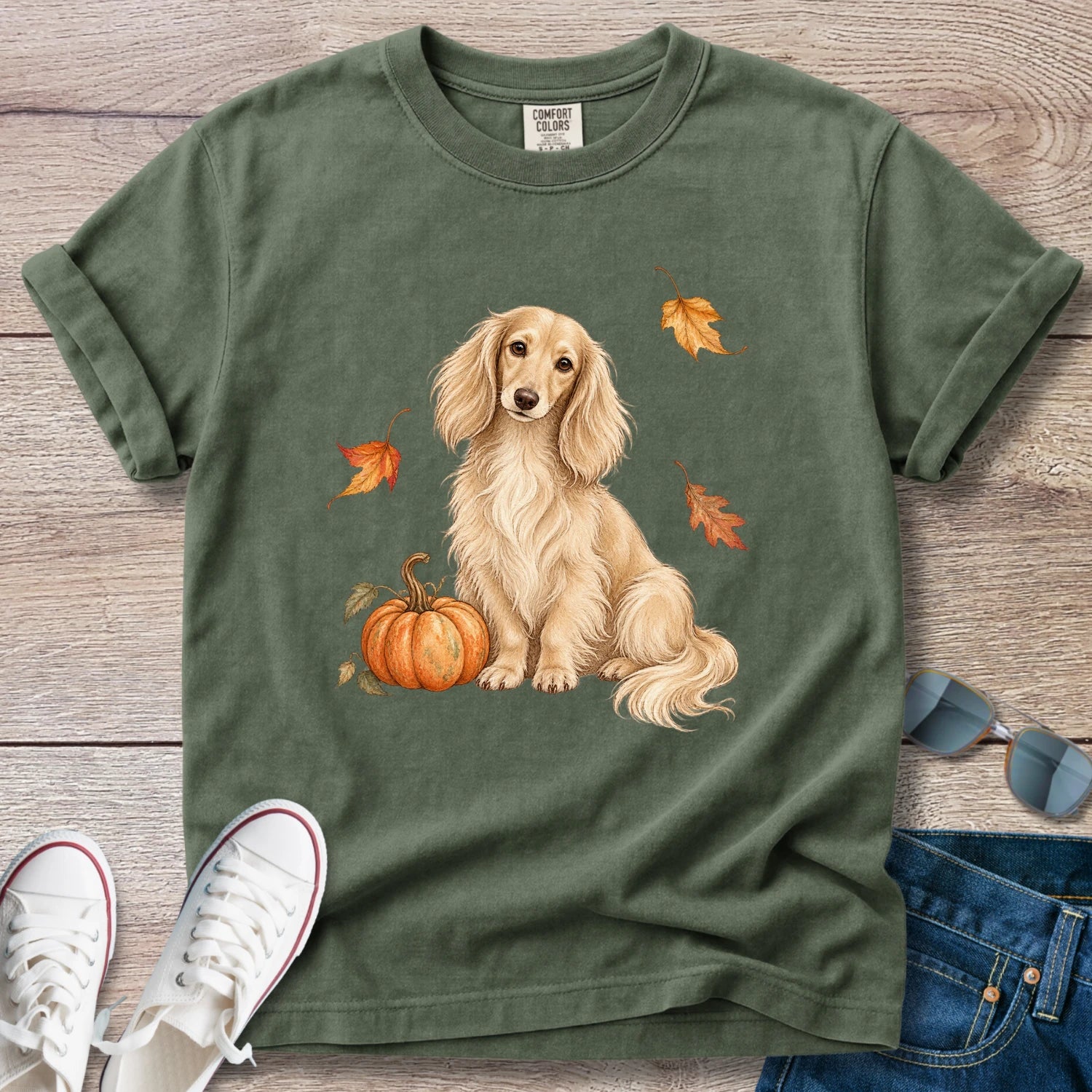 Cream Longhaired Dachshund Pumpkin Fall T-Shirt