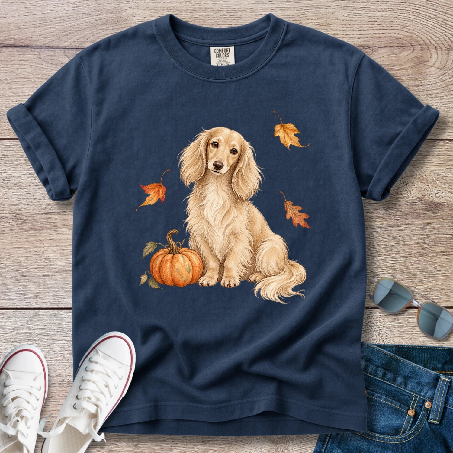 Cream Longhaired Dachshund Pumpkin Fall T-Shirt