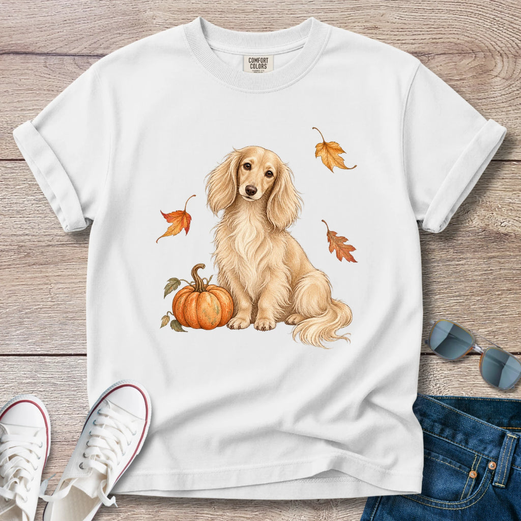 Cream Longhaired Dachshund Pumpkin Fall T-Shirt