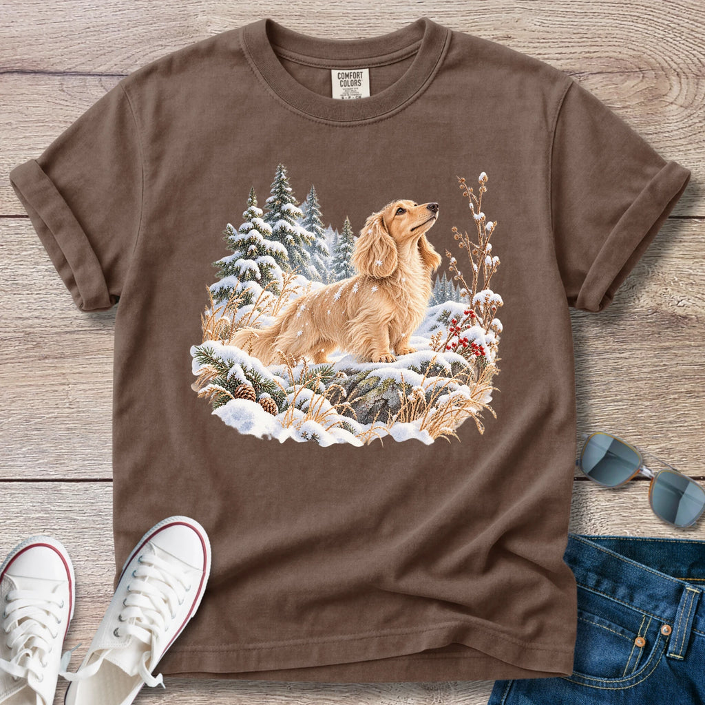 Cream Longhaired Dachshund Snowy Hikes T-Shirt