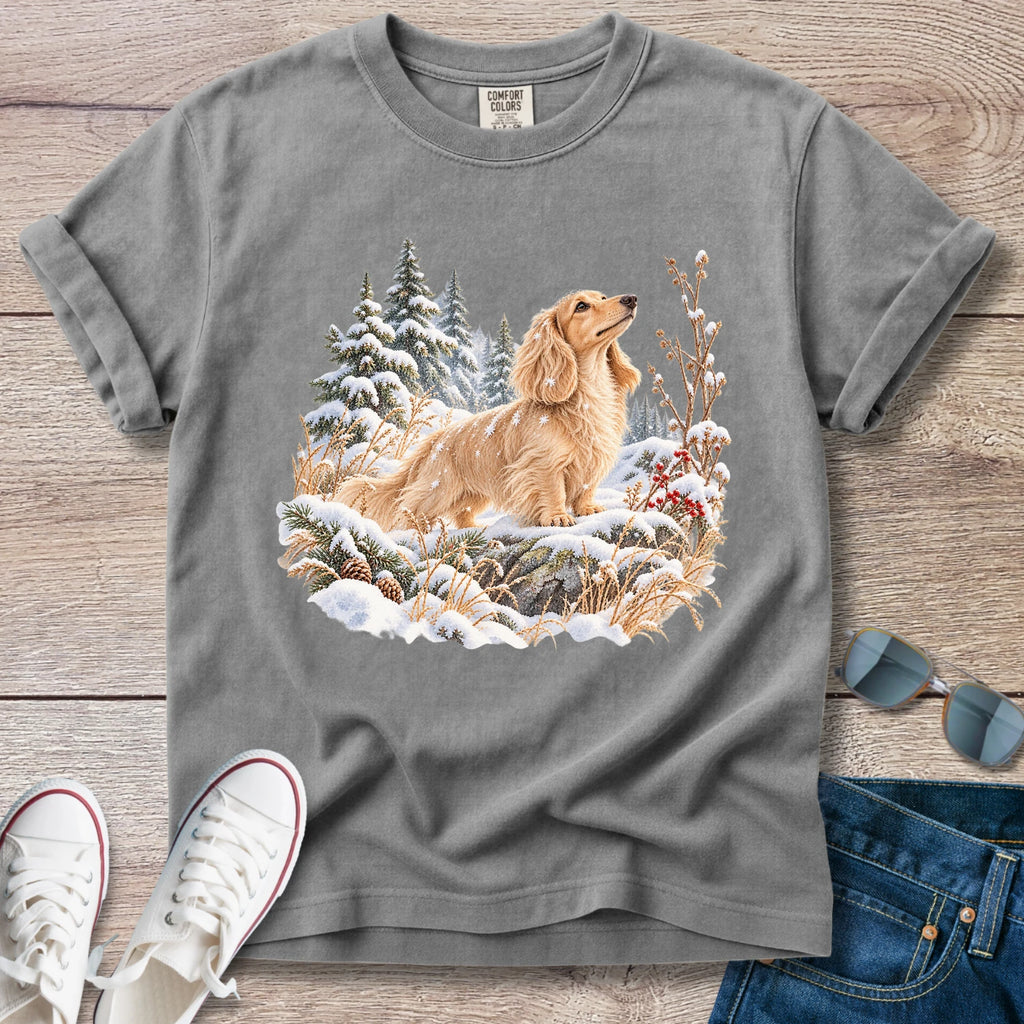 Cream Longhaired Dachshund Snowy Hikes T-Shirt