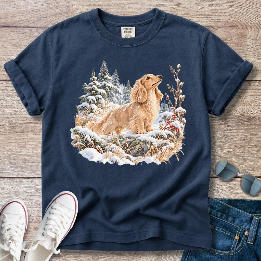 Cream Longhaired Dachshund Snowy Hikes T-Shirt