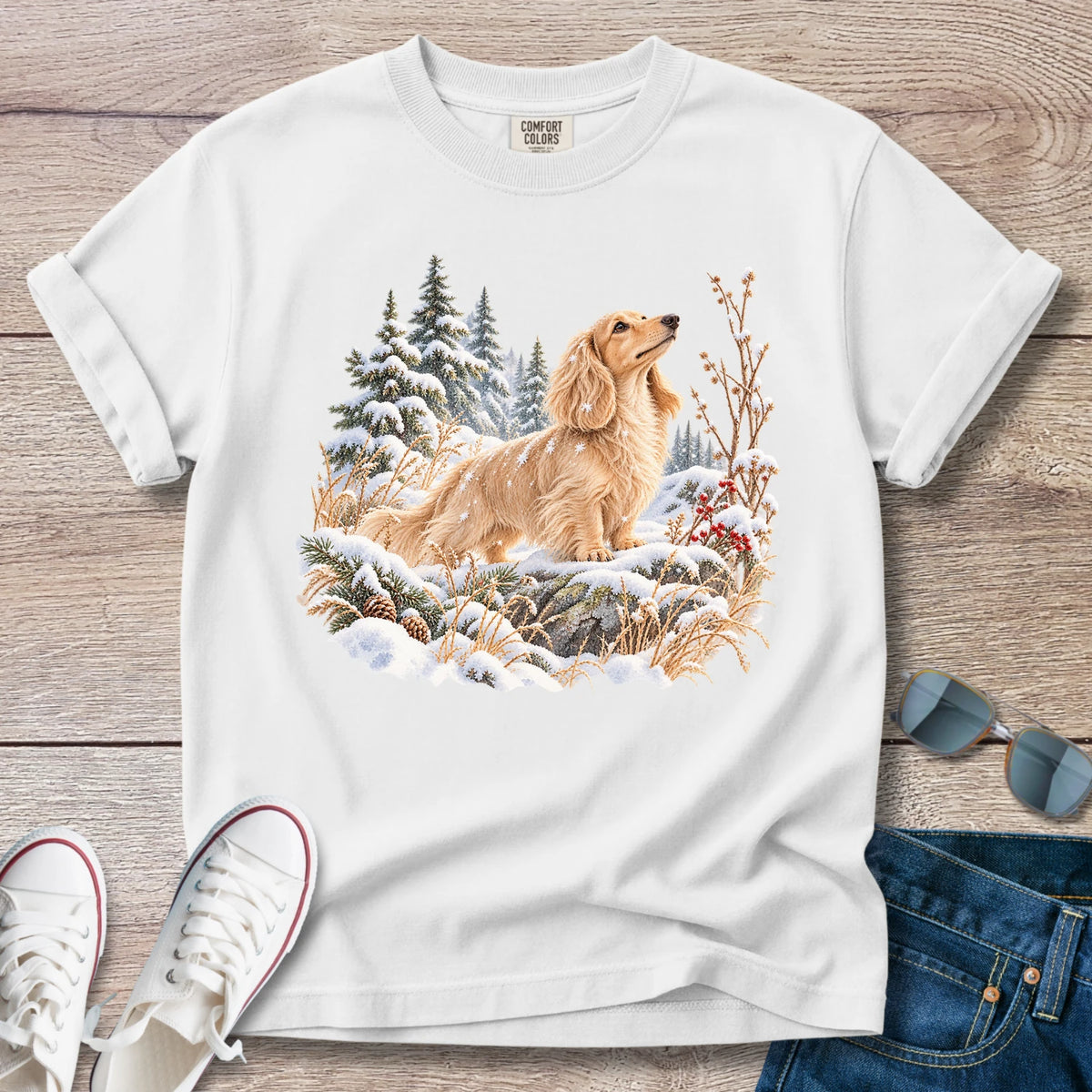 Cream Longhaired Dachshund Snowy Hikes T-Shirt