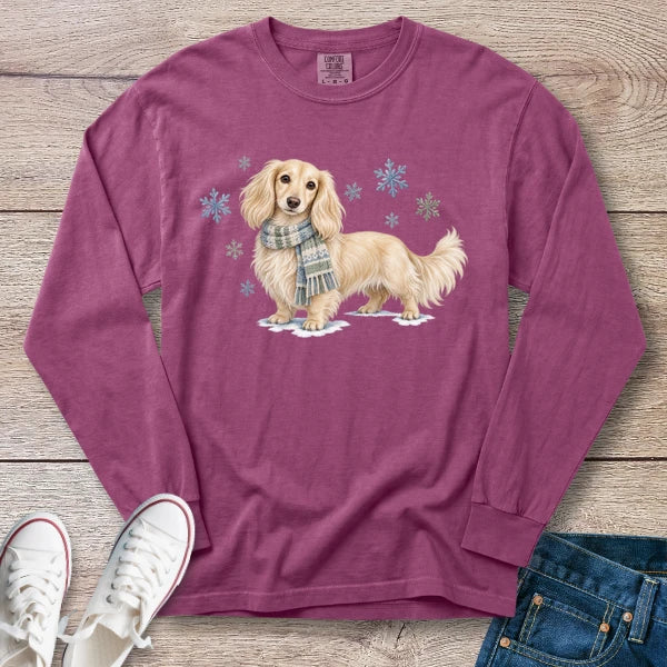 Cream Longhaired Dachshund Winter Scarf Long Sleeve T-Shirt