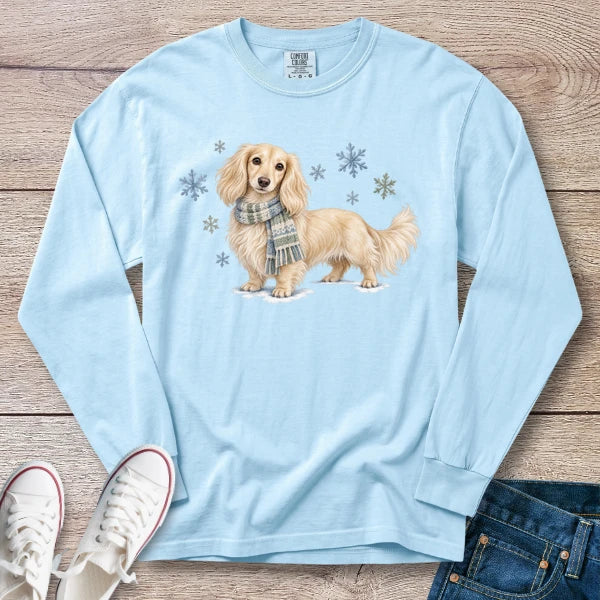 Cream Longhaired Dachshund Winter Scarf Long Sleeve T-Shirt