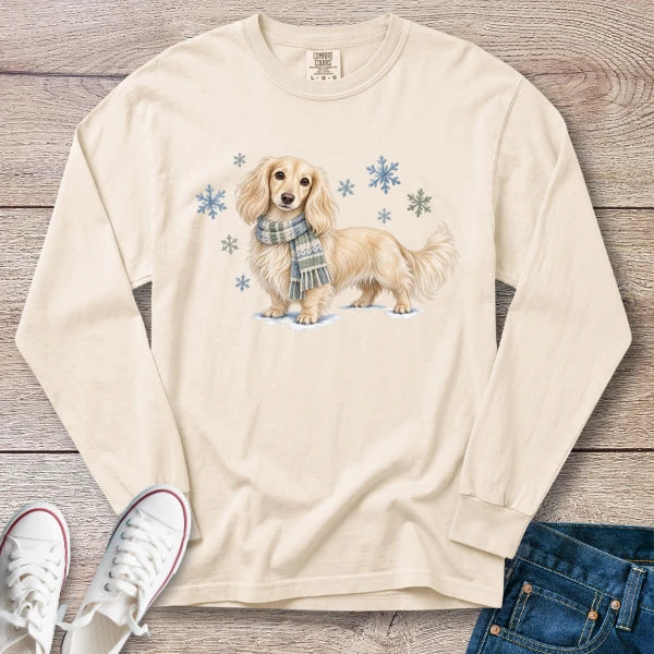 Cream Longhaired Dachshund Winter Scarf Long Sleeve T-Shirt