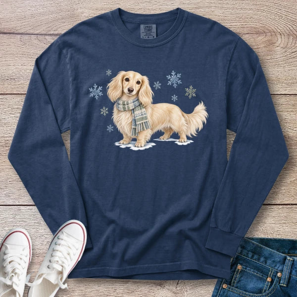 Cream Longhaired Dachshund Winter Scarf Long Sleeve T-Shirt