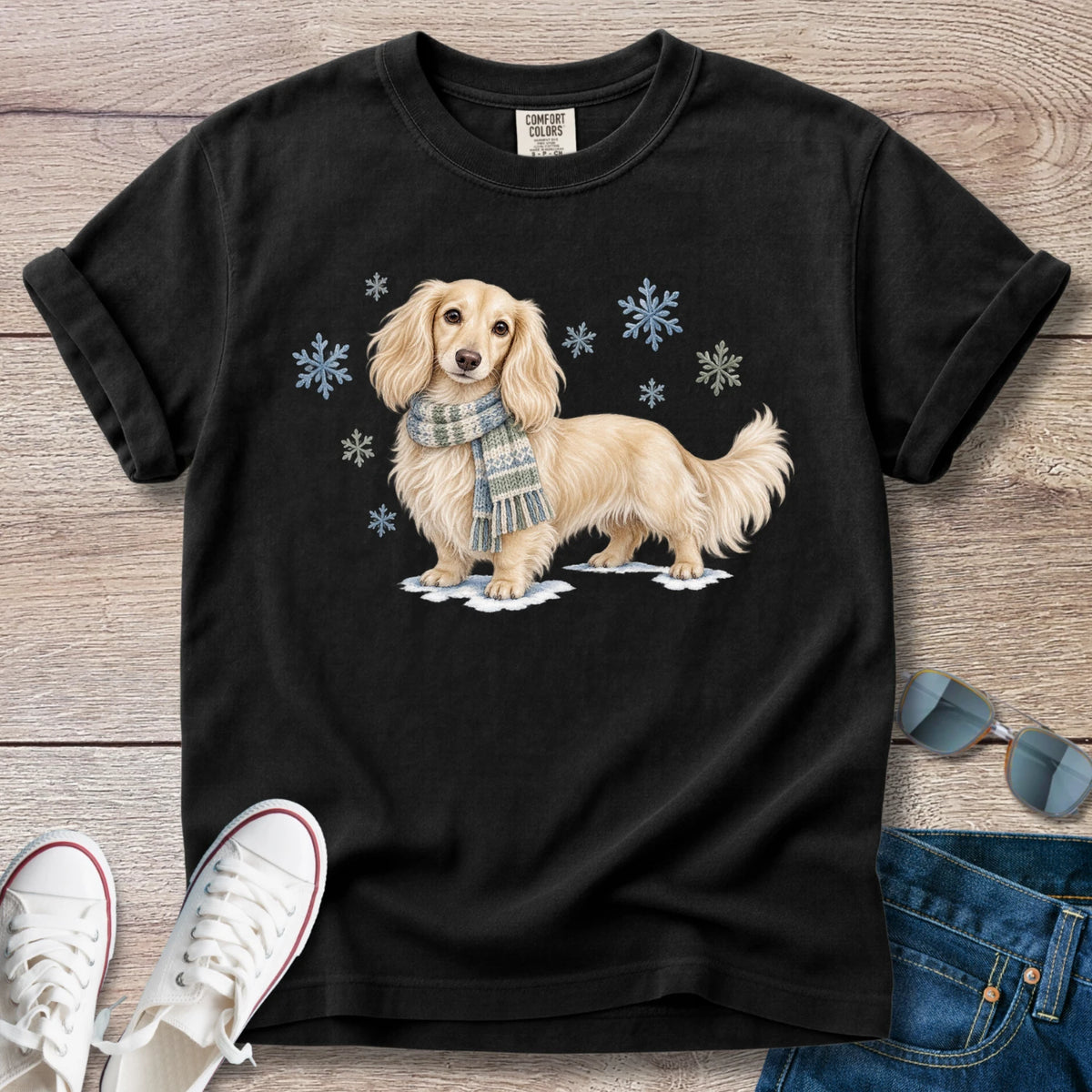 Cream Longhaired Dachshund Winter Scarf T-Shirt