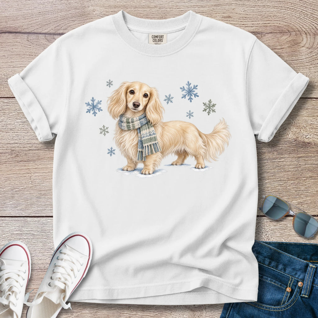 Cream Longhaired Dachshund Winter Scarf T-Shirt