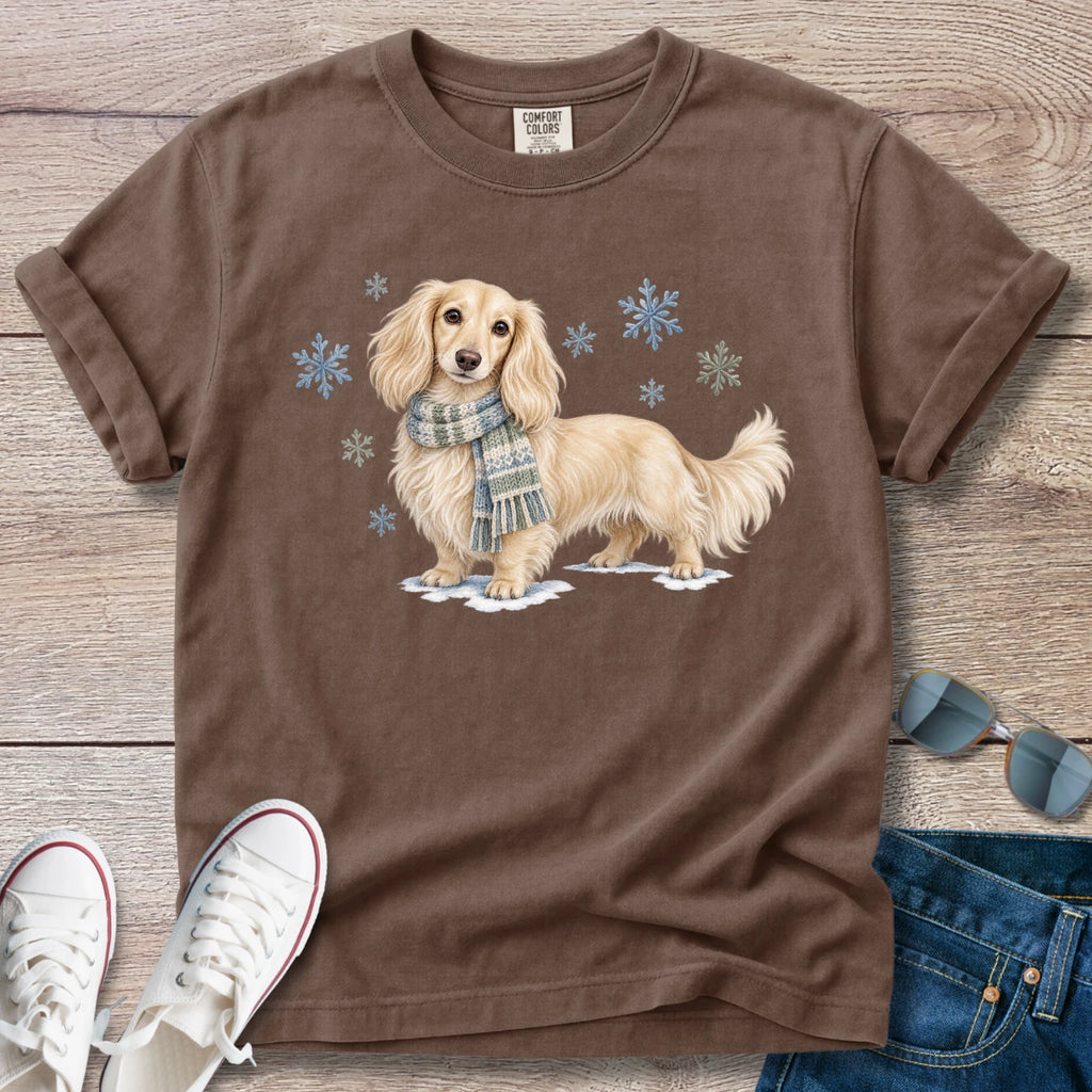 Cream Longhaired Dachshund Winter Scarf T-Shirt