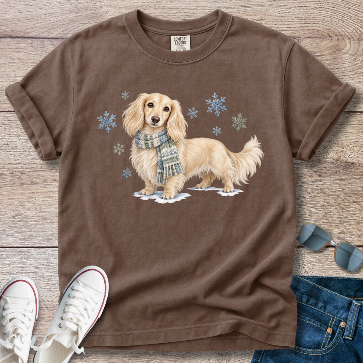Cream Longhaired Dachshund Winter Scarf T-Shirt