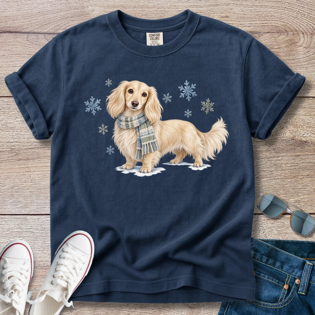 Cream Longhaired Dachshund Winter Scarf T-Shirt