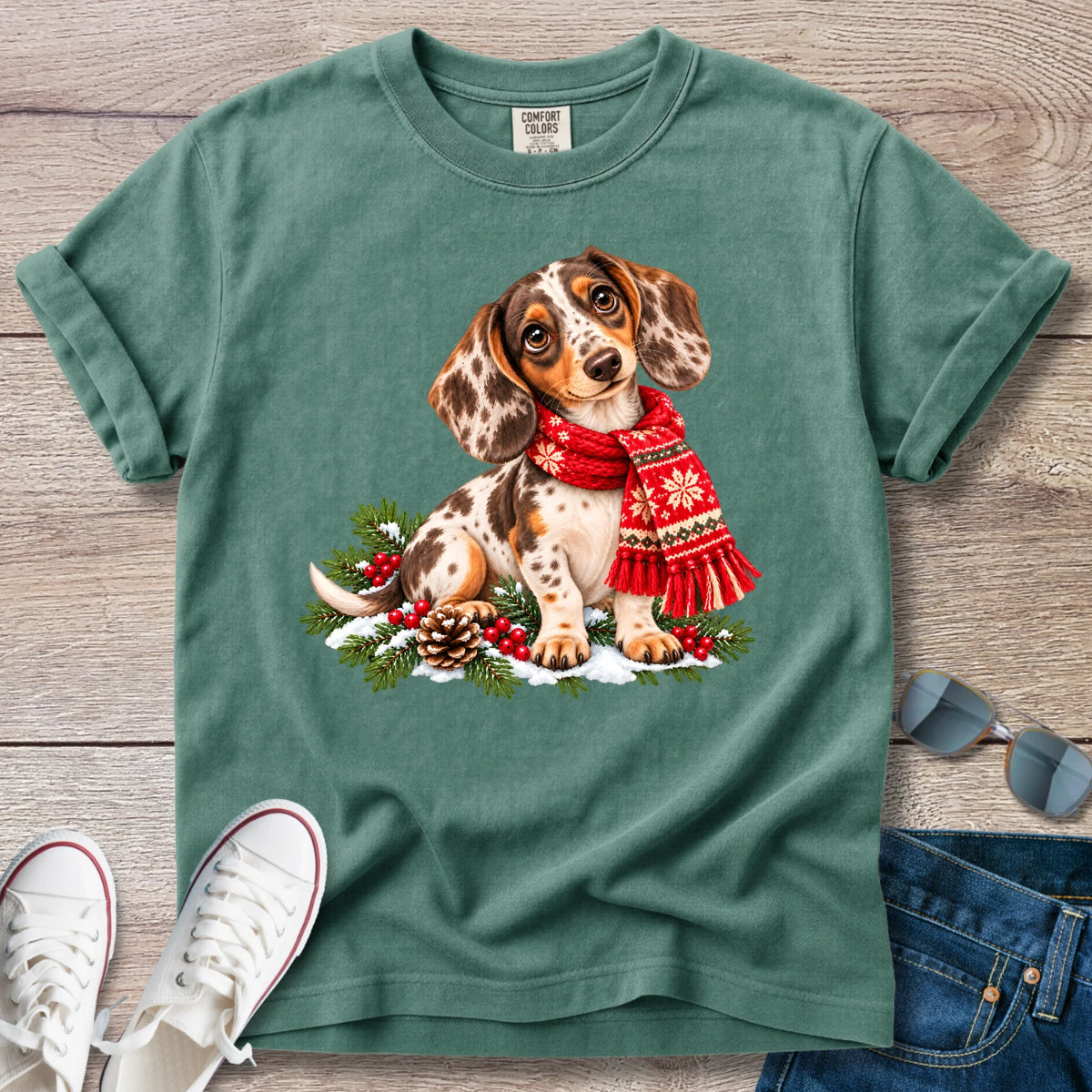 Chocolate Dapple Dachshund Christmas Scarf T-Shirt