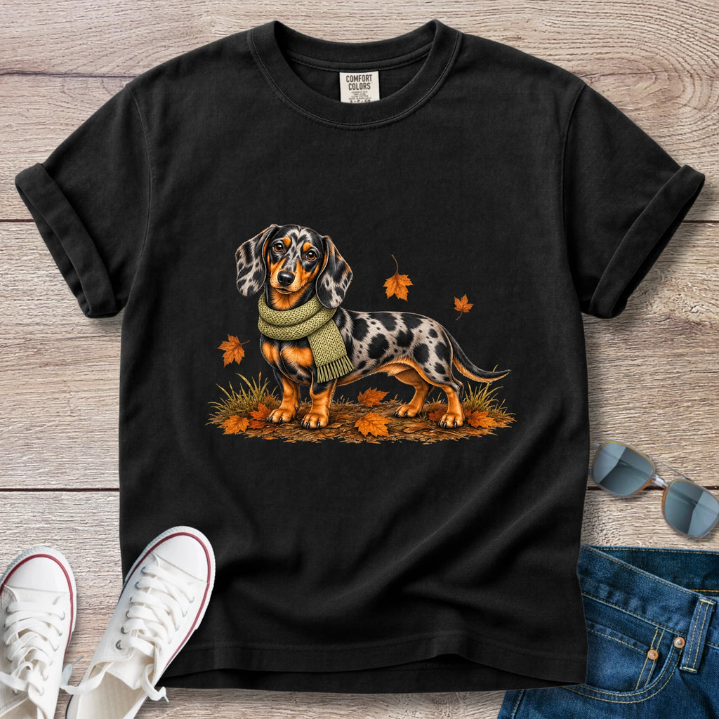 Dapple Dachshund Green Scarf Fall T-shirt