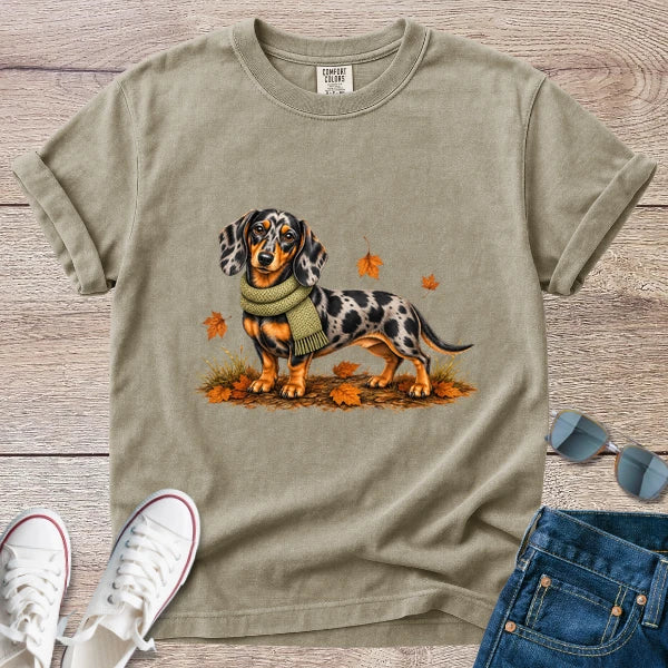 Dapple Dachshund Green Scarf Fall T-shirt