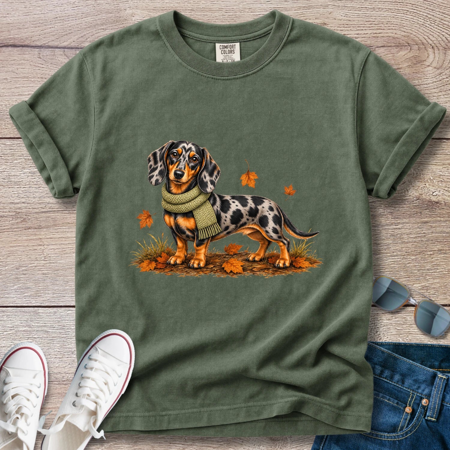 Dapple Dachshund Green Scarf Fall T-shirt