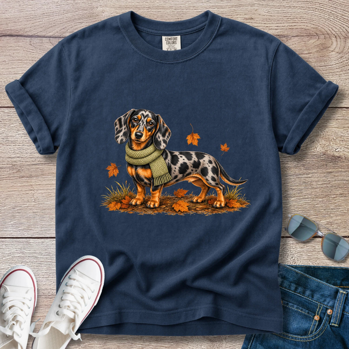 Dapple Dachshund Green Scarf Fall T-shirt