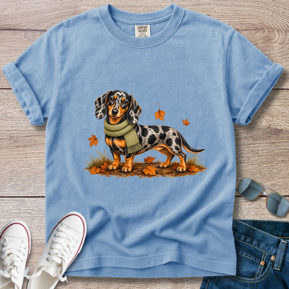 Dapple Dachshund Green Scarf Fall T-shirt