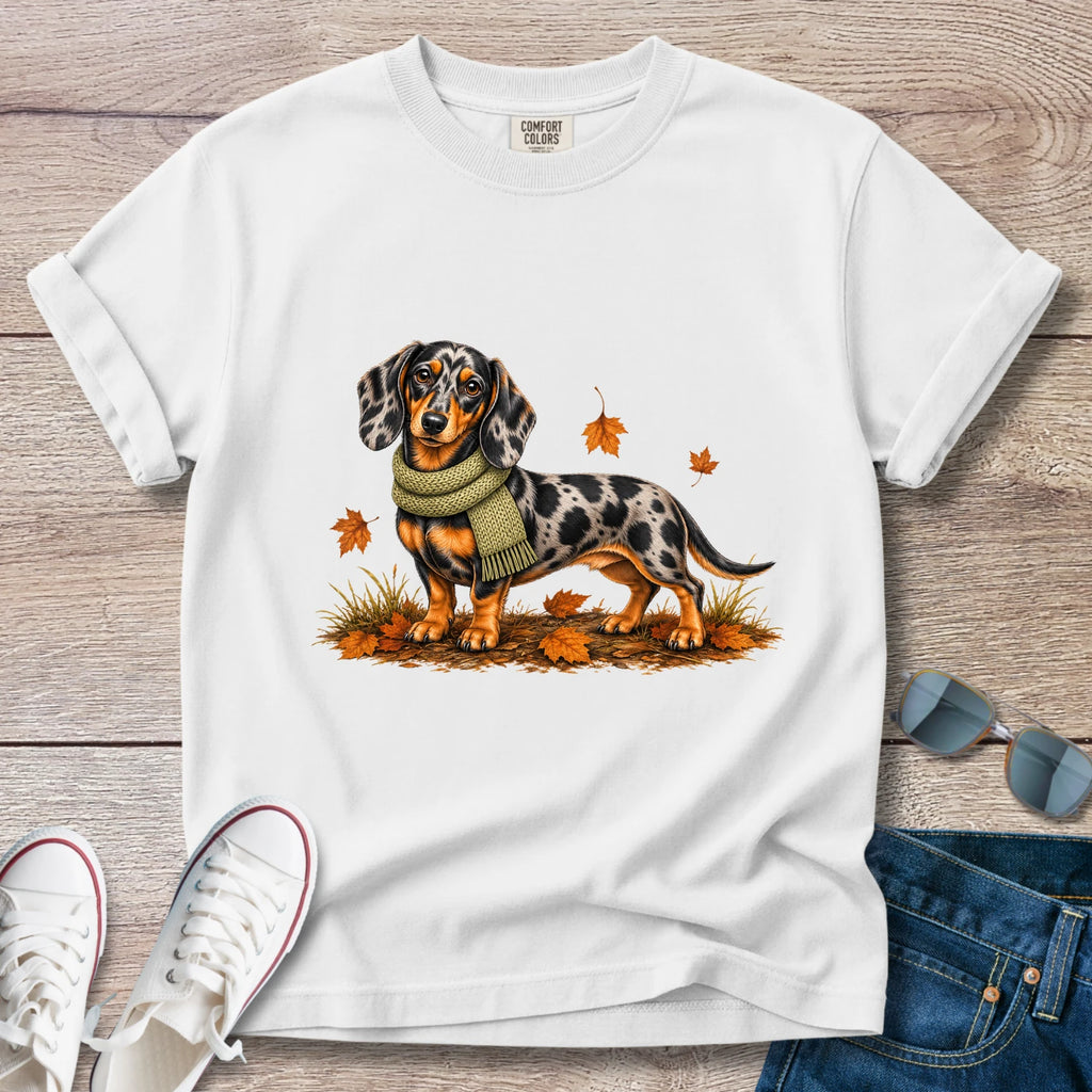 Dapple Dachshund Green Scarf Fall T-shirt